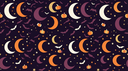 Fototapeta premium Seamless Halloween pattern with pumpkins bats and crescent moons on a dark background.