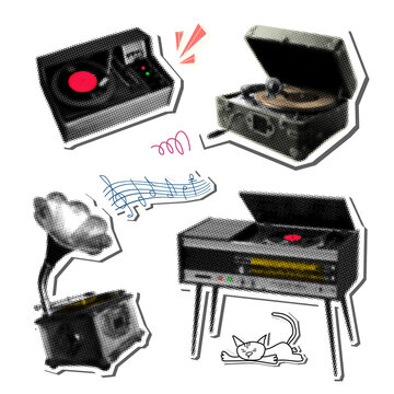 Gramophone, vinyl record player and radiogram sticker set with a cute cat. Vintage musical turntable collection in pop art halftone style isolated on transparent background.