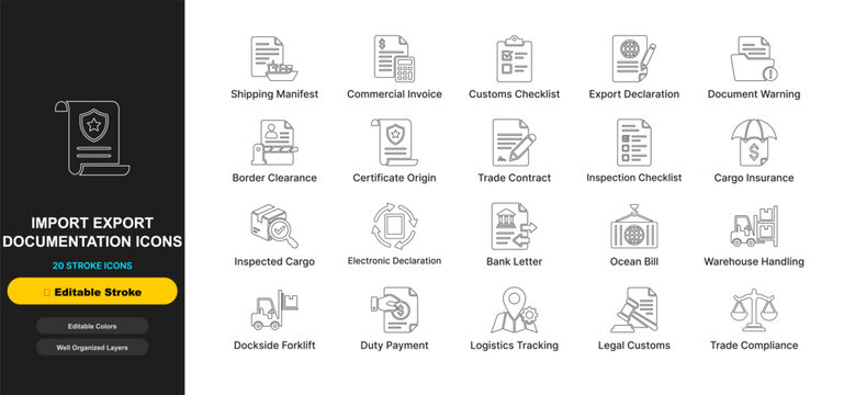 Import export customs line icon set with editable stroke. Documentation shipping manifest invoice, trade declaration contract, tariff clearance for web ui design.