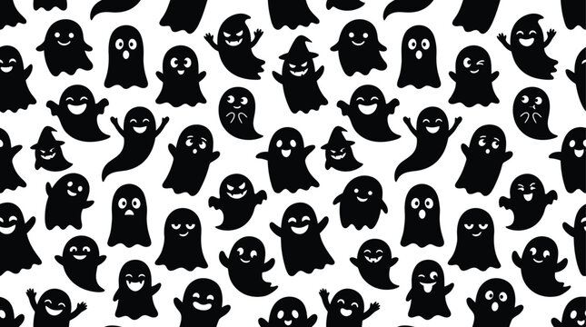 Seamless pattern of spooky black ghost silhouettes for Halloween designs