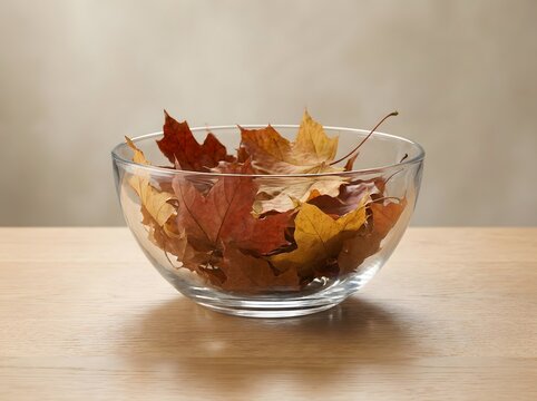 Glass bowl filled with autumn leaves arranged on wooden table with natural daylight