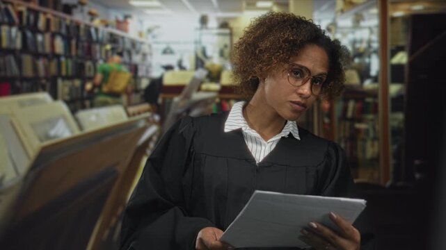 Woman judge in judicial robe wearing glasses reads and holds court papers while standing amid bookshelves in a library; seriousness duty.