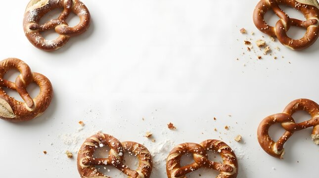 Fresh Baked Soft Pretzels Arranged in a Frame on White Background with Salt Crumbs and Flour Dusting for Food Photography and Menu Design