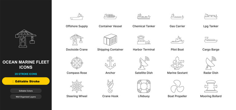 Ocean marine fleet line icon set with editable stroke. Shipping offshore cargo vessel, chemical tanker, deepwater freighter, harbor terminal for web ui design.
