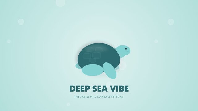 Minimalist claymorphism style illustration of a cute sea turtle swimming in deep blue water.