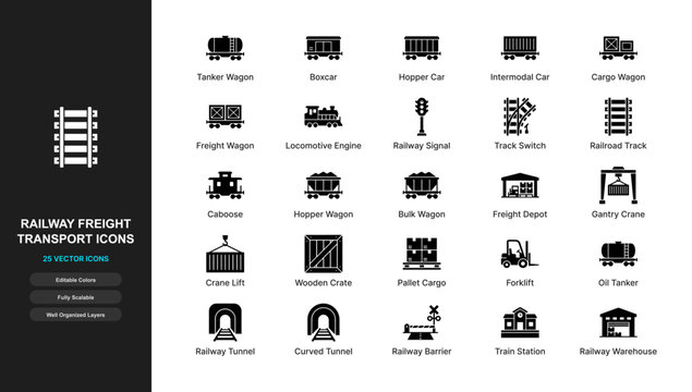 Railway freight train flat icon set. Transport cargo locomotive engine, tanker wagon, intermodal boxcar, railroad track symbols for web app ui design.