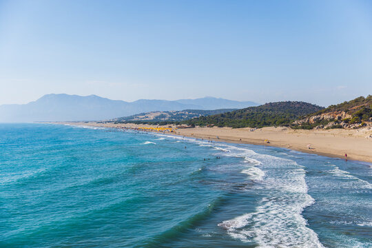 Patara beach aerial view, landscape photo taken on a sunny summer day. This beach is located near the ancient Lycian city of Patara in Turkey, on the coast of the Turkish Riviera