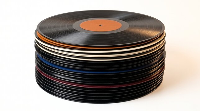Stack of vintage vinyl records with colorful inner sleeves and brown label on white background