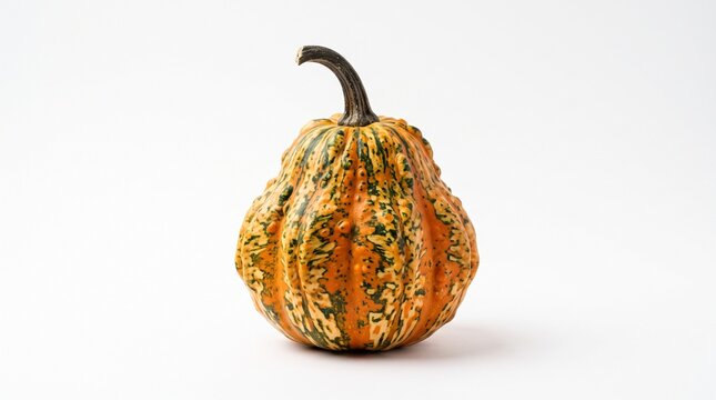 Ornamental Gourd with Warty Texture and Striped Pattern on White Background