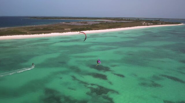 Aerial view of kitesurfing in Los Roques archipelago, Venezuela.