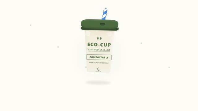 A compostable eco cup with a straw isolated on a white background.