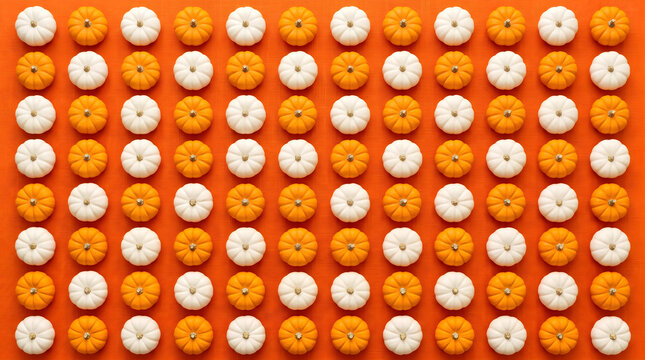 Symmetrical grid of white and orange mini pumpkins on orange background