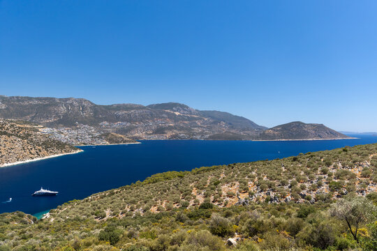 A panoramic landscape photo with deep blue sea, rugged hills, and rows of olive trees. A luxury yacht rests near a secluded cove. Kalkan, Firnaz bay, Turkey