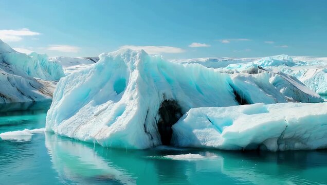 Cinematic 4K ultra-high-definition footage of massive majestic icebergs floating serenely in a glacial lagoon beside a melting glacier revealing the deep captivating blue of Arctic water and