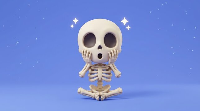 Cute cartoon skeleton sitting in lotus position with shocked facial expression