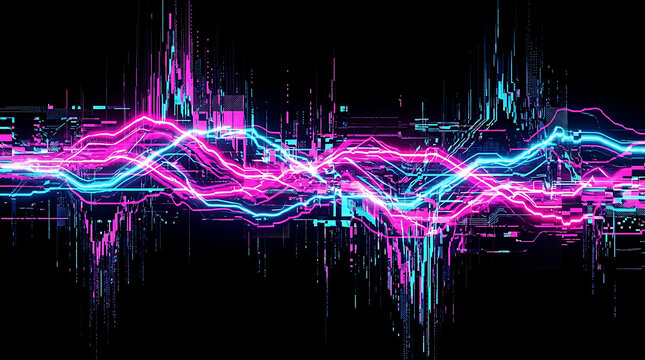 Abstract digital background featuring neon pink and blue glowing light waves with glitch data patterns