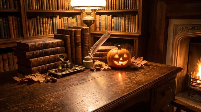Vintage library desk featuring jack o lantern and old books
