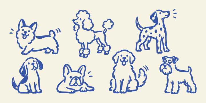 Hand drawn dog breeds doodle set, blue line art vector icons of cute pet animal elements