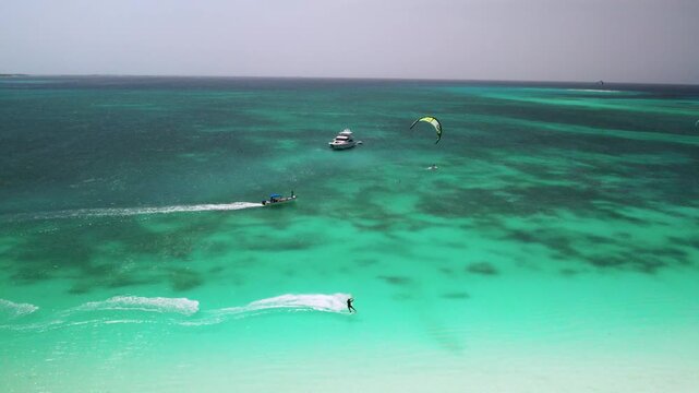 Aerial view of kiteboarding in Los Roques archipelago, Venezuela.