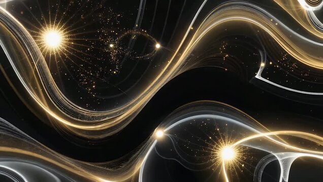 Dynamic 4K abstract motion background featuring a sophisticated interplay of stark black metallic gold and clean white curved ribbons creating a modern high-end geometric design ideal for stylish