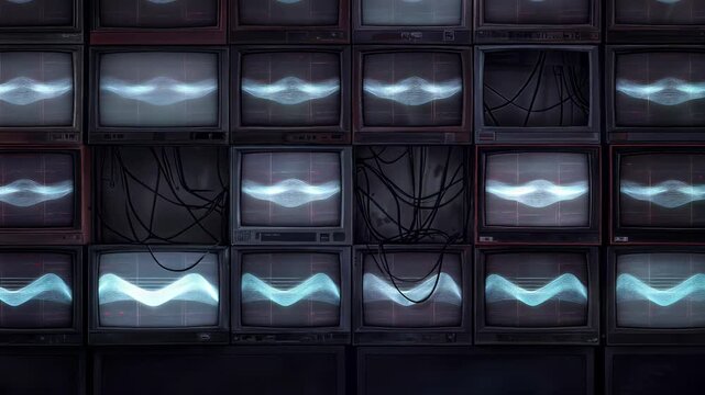Wall of vintage television sets displaying synchronized digital wave patterns. Retro technology with abstract signal interference. Lockdown shot.