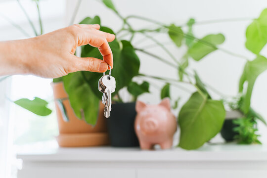A female hand dangles a house key next to a pink piggy bank and a green potted plant on a shelf. Financial savings for mortgage investment and property ownership lifestyle concept.