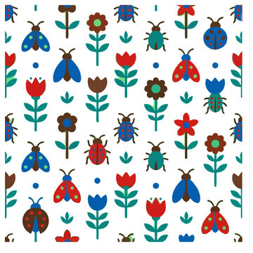 Seamless pattern of cartoon insects and flowers