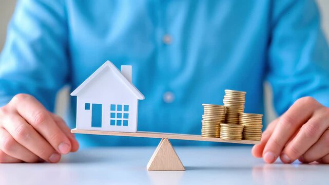 Mortgage broker balancing house model and gold coins on wooden seesaw. Real estate investment and financial stability concept. Lockdown close-up shot.