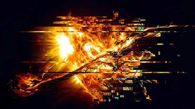 Abstract digital glitch art background with bright orange glowing solar flare energy explosion effect