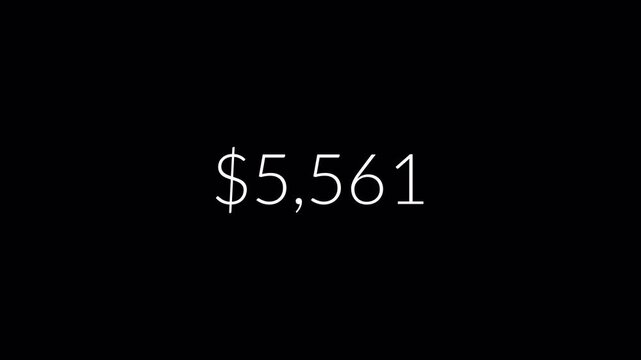 dollar number counter animation 0 to 10000 on black background, zero to ten thousand with dollar sign in 4k animation with alpha channel