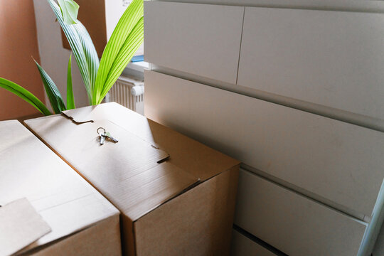 A shiny set of house keys lies abandoned on a cardboard moving box right next to a bright window. Authentic property ownership and exciting relocation transition lifestyle concept.