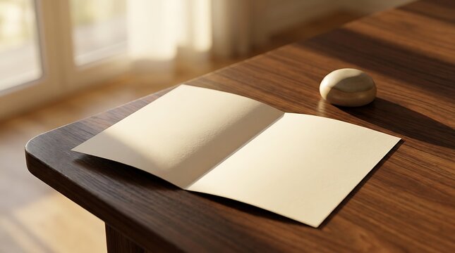 A blank bifold program mockup resting on a dark wooden table in a brightly lit room for minimalist design presentation