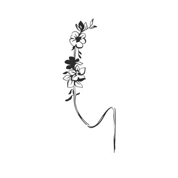 Vertical Floral Border with Flowers and Leaves, Elegant Hand Drawn Botanical Line Art Vector Ornament and Decorative Design Element