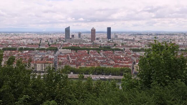 Panoramic overview of Lyon city center, Saone River, and La Part-Dieu business district in Lyon, France on 27 July 2026.