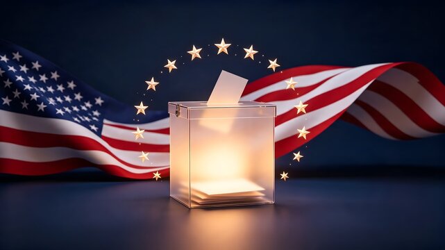 Glowing Transparent Ballot Box with USA Flag and Gold Stars Background
