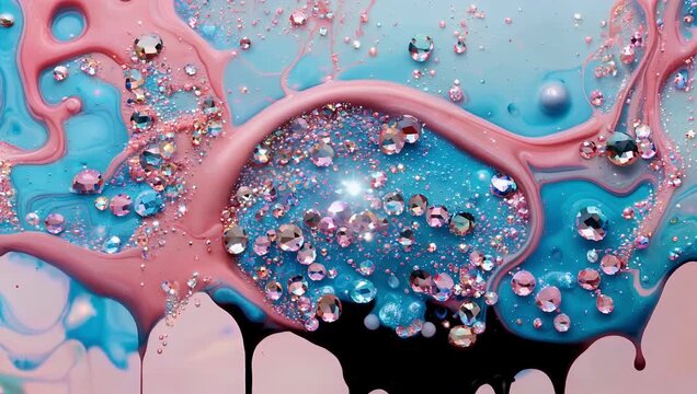 Radiant 4K artistic close-up video showcasing a series of glimmering gemstone-like crystalline textures as fluid colorful inks drip and shift organically through neon pink and deep sapphire blue