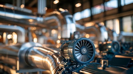 Fototapeta premium Large industrial ventilation duct system with exhaust fans, insulated air ducts and modern factory infrastructure, detailed realistic photography