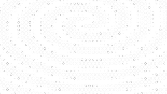 Abstract digital background, featuring a spiral, pattern of white, and grey geometric, circles on a, black background, pixelated texture