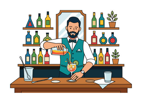 Professional Bartender Pouring Cocktail at Bar Counter Illustration.