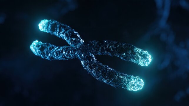 A detailed human chromosome with glowing teal telomeres on a dark navy background. Dramatic lighting highlights the structure.