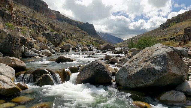 Cinematic 4K ultra-high-definition landscape footage of a rocky creek bed with crystal-clear water flowing gracefully over smooth stones and large boulders surrounded by rugged terrain and sparse