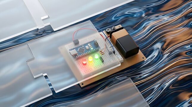 An illuminated prototyping board featuring colorful LED lights  connected components  and a battery pack set upon a reflective surface with abstract fluid patterns