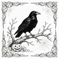 Fototapeta premium Dark Gothic Raven Perched on Tree Branch with Jack-o-Lantern Pumpkin and Spider Webs Line Art Vector Illustration Vintage Floral Ornament Frame Halloween Graphic Isolated White Background