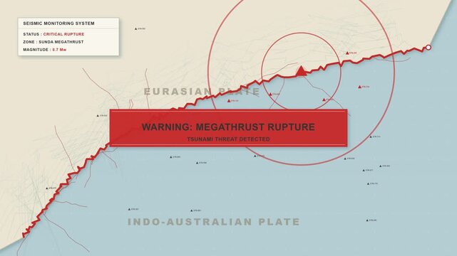A scientific cartographic simulation of a megathrust fault line rupture, displaying seismic wave propagation and tectonic plate boundaries.