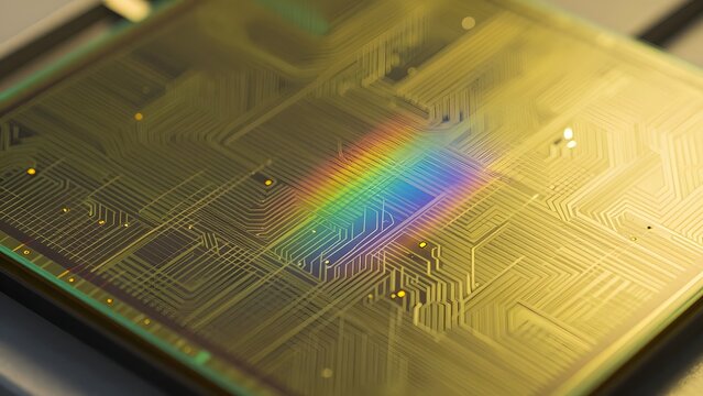 55, Extreme close-up of a modern semiconductor silicon wafer under cleanroom yellow inspection lighting, rainbow diffraction patterns across microscopic lithographic circuit patterns, macro photograph