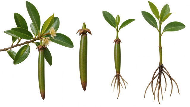 Mangrove propagule growth stages showing vivipary and root development isolated on transparent background