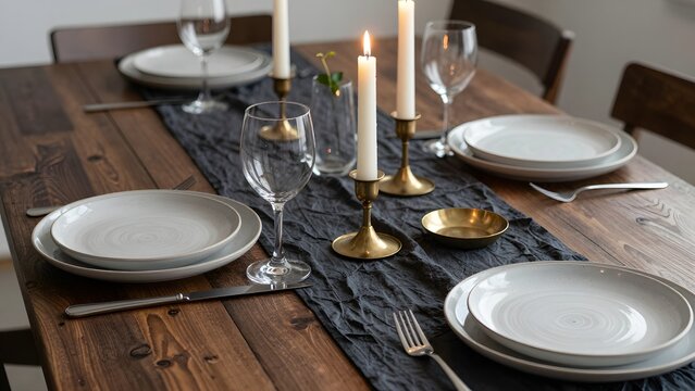 76, An intimate formal dinner table setting, dark reclaimed oak table, charcoal washed linen runner, handmade speckled ceramic tableware, tapered ivory beeswax candles flickering in brass candleholder