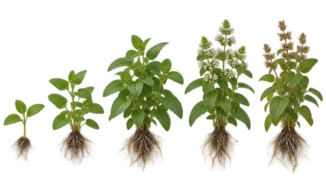 Lemon balm growth stages with root system isolated on transparent background
