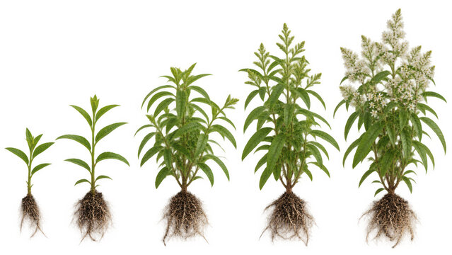 Lemon verbena plant growth stages from seedling to flowering with roots isolated on transparent background