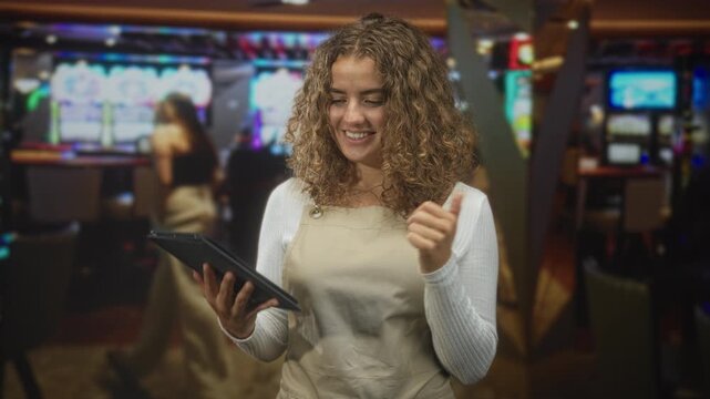 Woman in apron holding tablet and giving thumb up while tapping screen and smiling amid slot machines inside casino building; cheerful service.